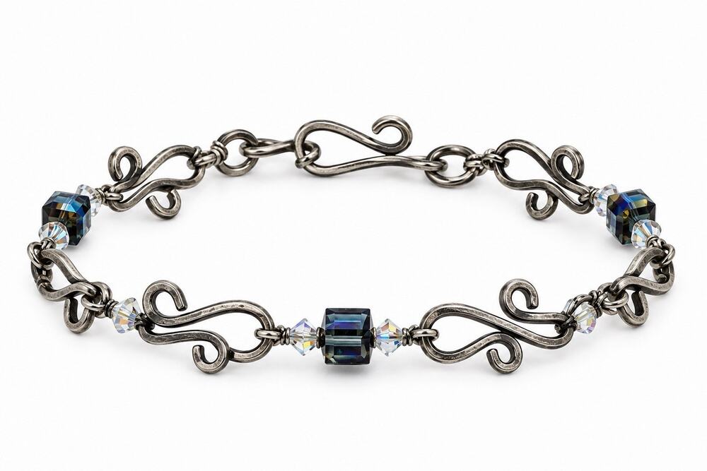 925 Sterling Silver Artisan Scroll Link Bracelet with Crystal Cube Beads 7.5